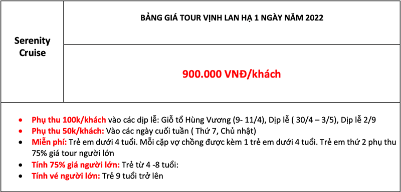 Giá tour vịnh Lan Hạ 1 ngày du thuyền Serenity